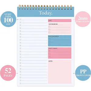 Simple minimalist daily planner notebook with spiral binding and English schedule pages detail view.