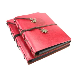 Detailed view of vintage red PU leather photo album with nautical rope and metal charm design.