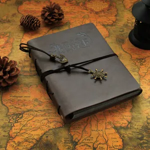 Vintage leather DIY photo album scrapbook with metal anchor charm and retro map background detail.
