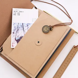Vintage brown leather DIY photo album with retro clock pendant and self-adhesive inner pages.