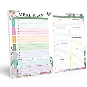 Weekly meal planner notepad with grocery list and daily meal sections for kitchen organization.