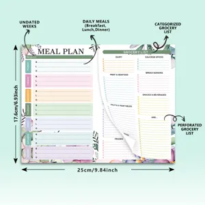 Weekly meal planner notepad with grocery list and botanical design, 25x17.6cm portable size.