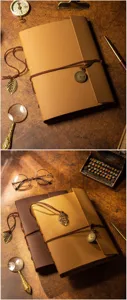 Retro DIY leather photo album detail shot with vintage metal pendants and desk setup props.