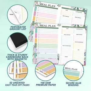 Weekly meal planner notepad with magnetic back 100gsm paper grocery list 52 sheets pad