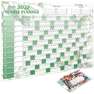 2027 yearly planner wall calendar with botanical green leaf design and functional stickers.