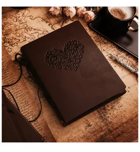 Vintage leather DIY photo album scrapbook with heart debossed cover, perfect handmade memory book.