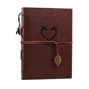 Vintage leather photo album with deer heart embossing and metal leaf pendant for DIY scrapbook.