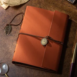 Vintage leather photo album handmade DIY journal with clock charm and wrap cord main view