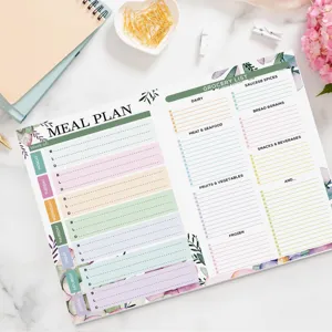 Weekly meal planner notebook, magnetic fridge meal planning pad with grocery list, colorful layout.