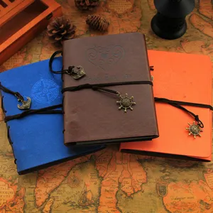 Vintage leather DIY photo album with retro map background, creative journal notebook with metal charm.