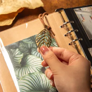 DIY vintage photo album handmade scrapbook with metal leaf bookmark and suede cord memory book