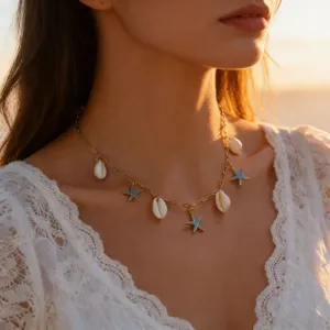 Seashell and blue enamel starfish gold necklace, perfect for summer beach vacation and party.