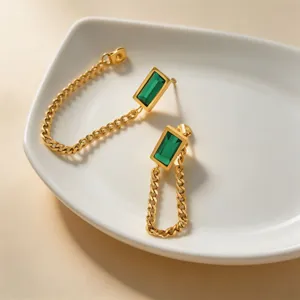 Gold emerald crystal chain earrings, elegant stainless steel drop earrings for women daily.