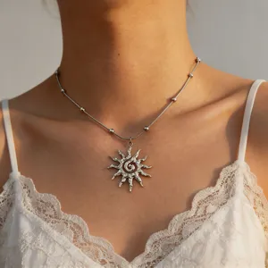 Silver sun pendant necklace with delicate beaded chain, stylish and minimalist clavicle chain.