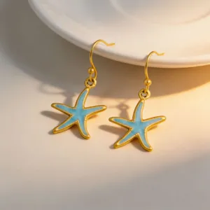 Gold-plated blue enamel starfish hook earrings, perfect for summer beach vacation and daily wear.