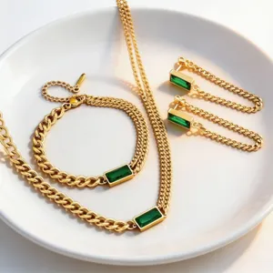 Gold titanium steel green gemstone necklace bracelet earrings detail view, elegant jewelry set