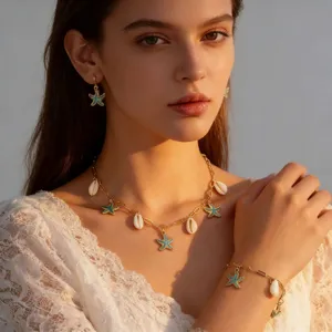 Chic summer starfish shell necklace bracelet earrings set gold jewelry beach vacation style