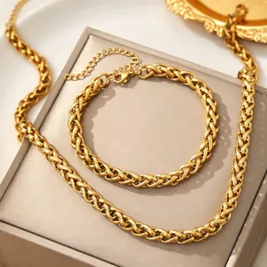 Trendy 18K gold plated stainless steel chunky chain necklace and bracelet jewelry set.