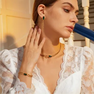 Gold titanium steel emerald green crystal necklace earrings bracelet jewelry set detail view