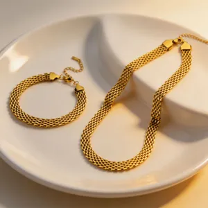 Women Fashion Stainless Steel Mesh Woven Snake Chain Necklace Bracelet Chunky Flat Titanium Steel Gold Plated Jewelry Choker Gift