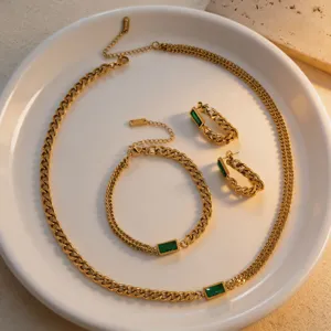 Elegant 18k gold plated stainless steel emerald curb chain jewelry set necklace bracelet.