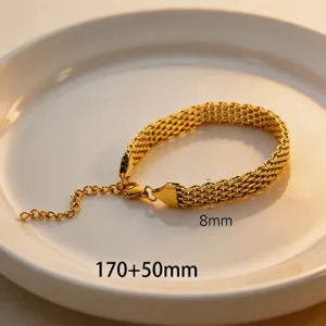 Gold titanium steel mesh bracelet for women, 8mm width, 170+50mm length, fashion snake chain.