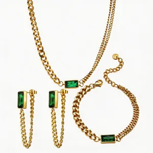 Gold stainless steel green gemstone necklace, earrings and bracelet detail display.