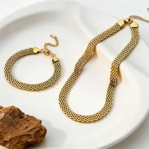 Gold titanium steel mesh chain necklace and bracelet set, trendy snake bone jewelry.
