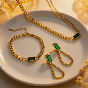 Elegant gold stainless steel green stone necklace bracelet earrings jewelry set detail view.