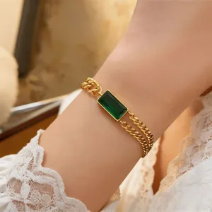 Gold-tone rectangular green gemstone double chain bracelet elegant minimalist wrist jewelry style