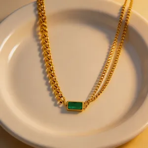 Gold titanium steel emerald necklace for women, minimalist chic irregular chain jewelry set.