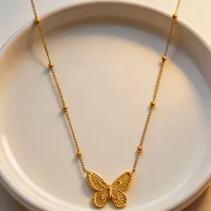 Gold butterfly pendant necklace for women dainty beaded chain collar necklace chic jewelry