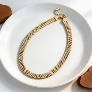 Gold titanium steel flat mesh chain necklace choker stylish elegant jewelry for women