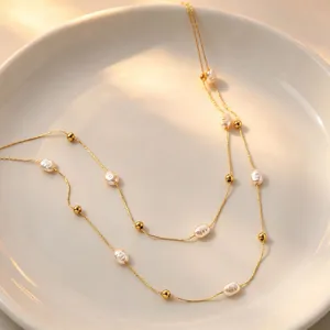 Double layer baroque pearl necklace with gold beads elegant clavicle chain jewelry for women