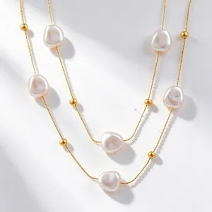 Baroque double layer pearl necklace niche design titanium steel clavicle chain jewelry