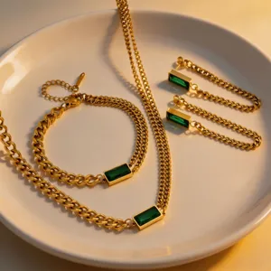 European American Style Stainless Steel 18K Gold Plated Emerald Green Rhinestone Necklace Bracelet Earrings Minimalist Jewelry