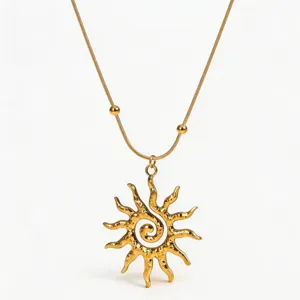 Gold spiral sun pendant necklace for women, stylish geometric hollow clavicle chain jewelry.