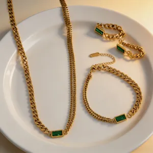 Gold titanium steel emerald necklace bracelet earrings jewelry set for women elegant daily wear.