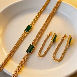 Detail shot of 18k gold titanium steel emerald green gemstone necklace and earrings jewelry set.