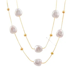 Baroque double layer pearl necklace with gold beads, elegant titanium steel clavicle chain