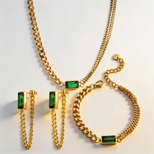 18K Gold Plated Titanium Steel Emerald Green Rectangular Gemstone Jewelry Set Detail View