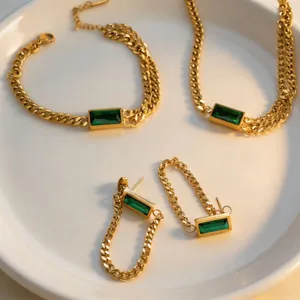 18k gold titanium steel emerald jewelry set detail featuring necklace bracelet and earrings.