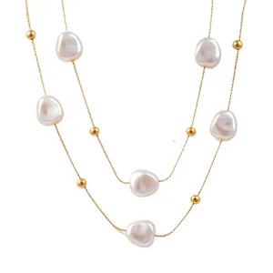 Baroque double layer pearl necklace, titanium steel gold bead elegant clavicle chain jewelry.