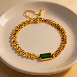 18K gold-plated titanium steel chain bracelet with a stunning green crystal stone detail.