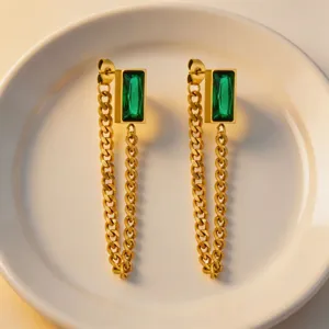 Gold-plated green crystal geometric drop earrings with elegant chain tassel design, detail view.