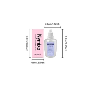 Nymixa cuticle remover cream detail view showing bottle and box dimensions for nail care.