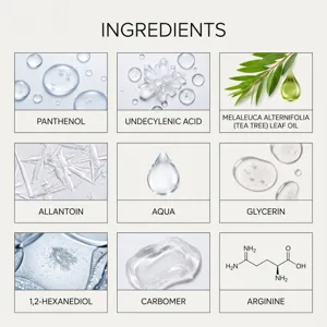 Gedetailleerd ingrediëntenoverzicht met actieve cosmetische componenten en plantenextracten.
