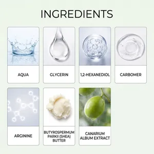 Gedetailleerd overzicht van actieve ingrediënten zoals glycerine, shea boter en extracten.