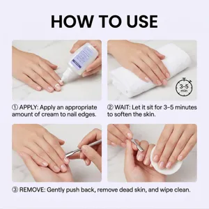 Cuticle care instruction detail showing step by step nail cream application process clearly.