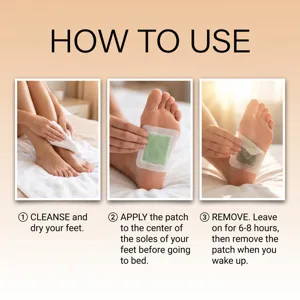 Instructional detail image showing the application steps of herbal foot care patches for nighttime use.